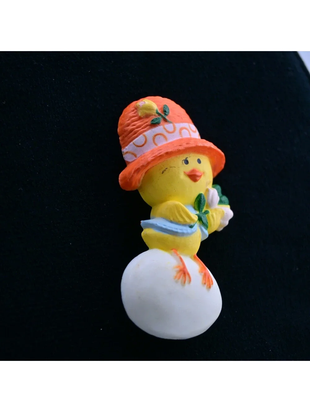 1975 Hallmark Cards Chicken Chick Pin wearing Hat Flowers Egg Bird Vintage
